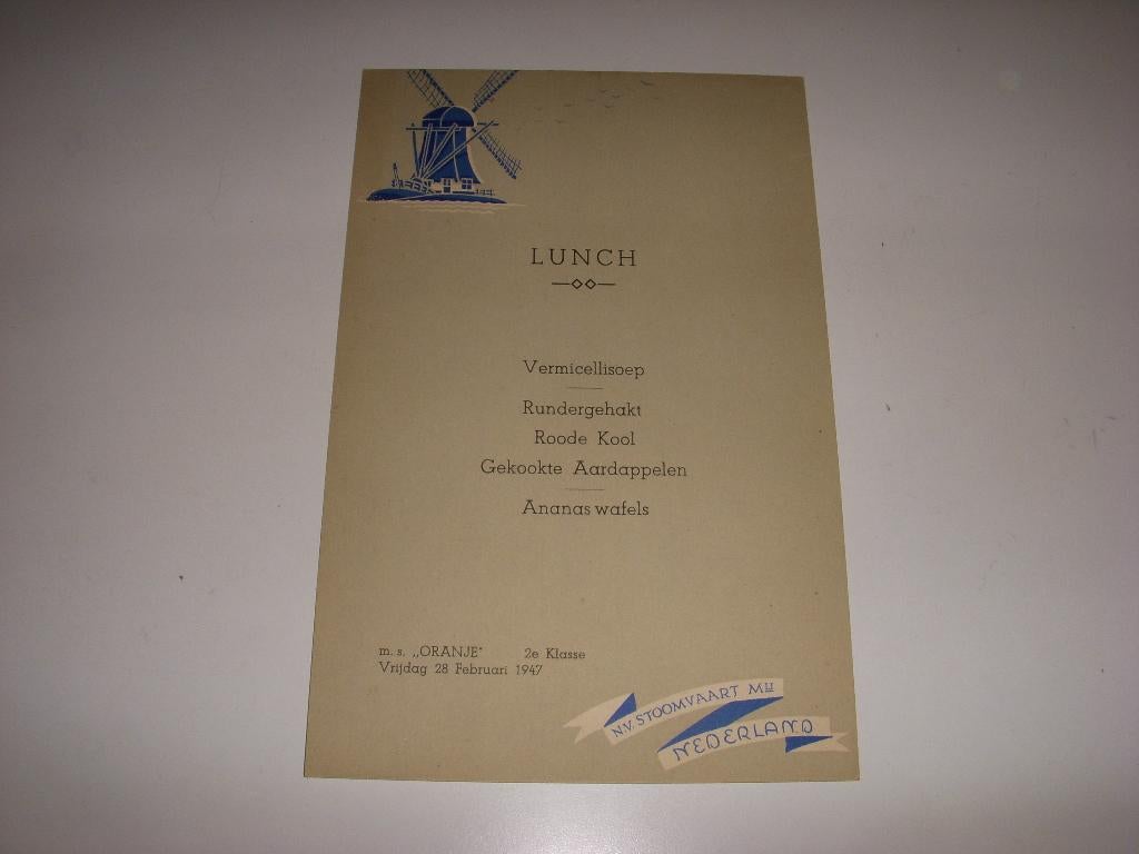 Menukaart Stoomvaart Maatschappij Nederland M.S Oranje 1947, Ophalen of Verzenden, Gebruikt, Motorboot, Gebruiksvoorwerp