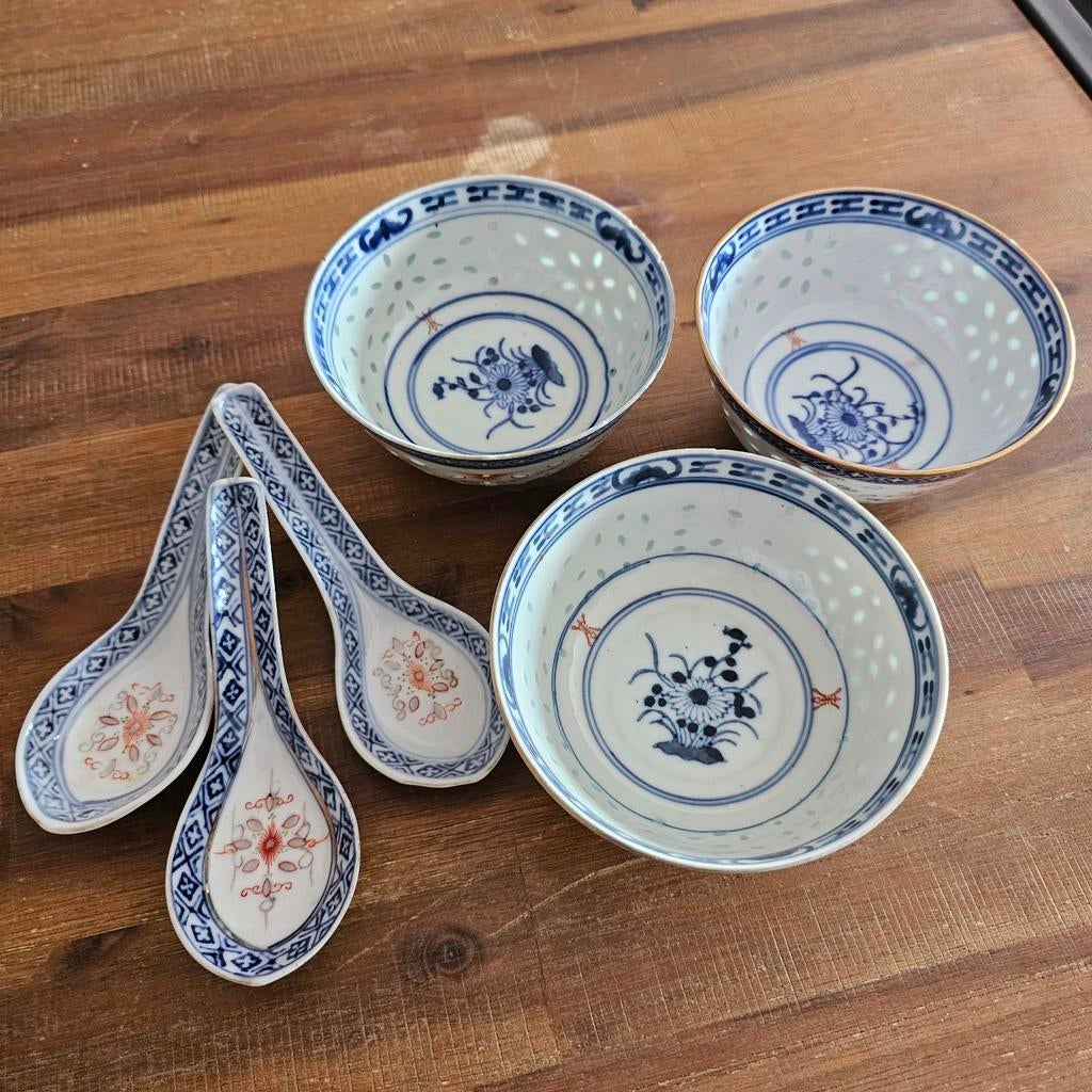 Set van 3 Chinese rijstkommen en 3 lepels, rijstkorrel decor, Ophalen of Verzenden