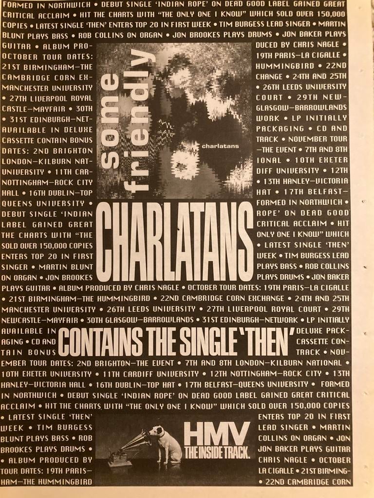 CHARLATANS Some Friendly tour A3 advertentie, Ophalen of Verzenden, Zo goed als nieuw