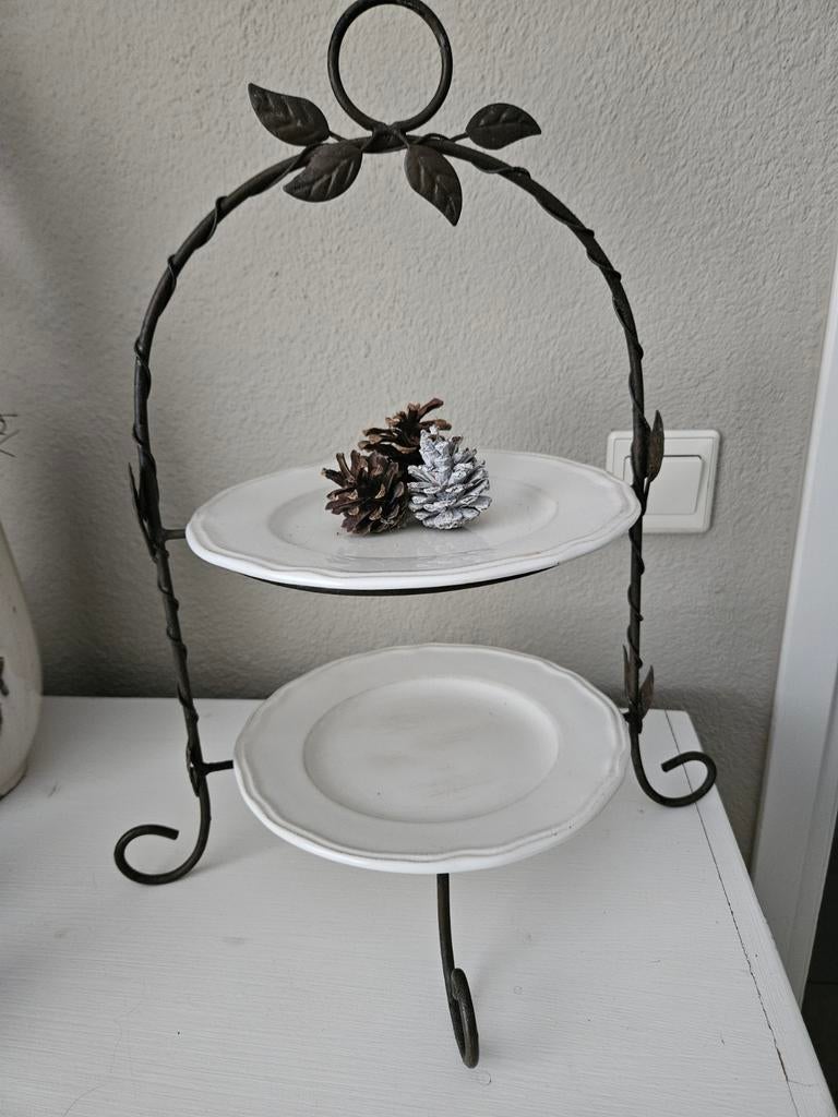 Etagere 44cm hoog, 37cm breed met 2 witte en 2 glazen borden, Huis en Inrichting, Ophalen, Gebruikt