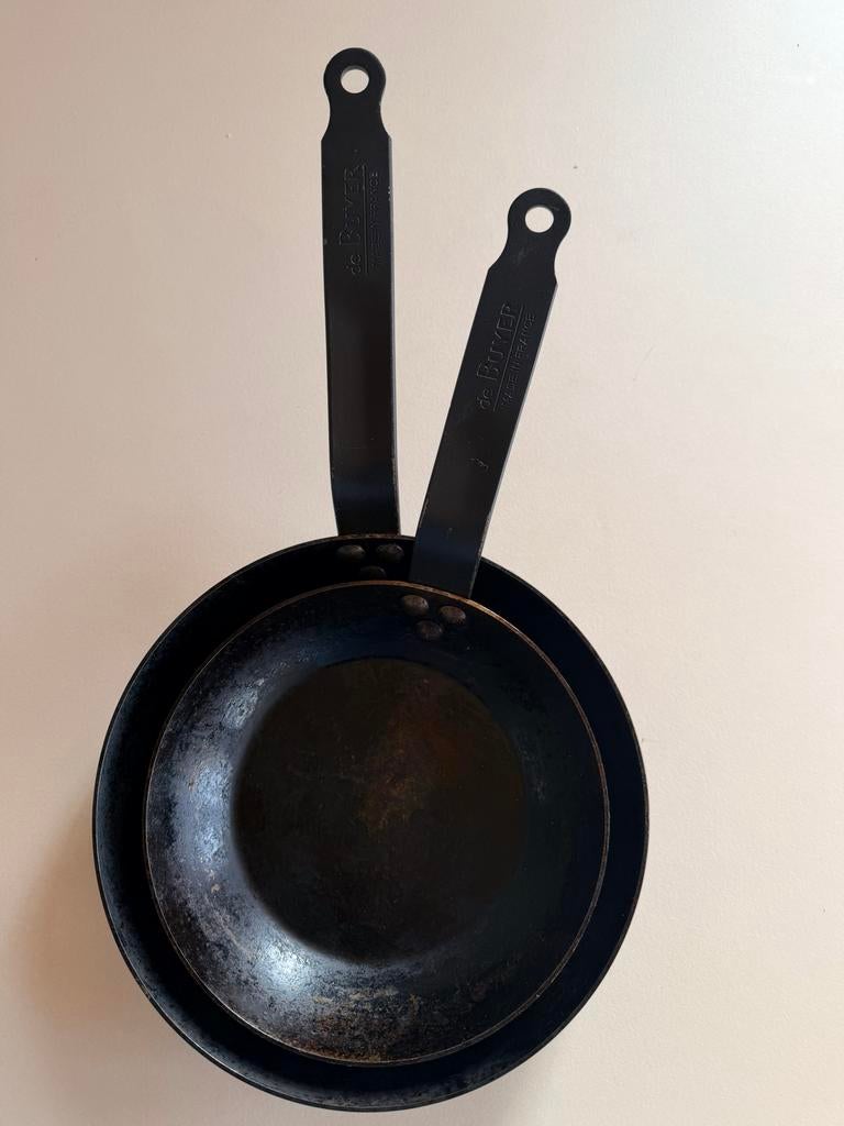 De Buyer Koekenpannen - 18cm en 14cm, Overige materialen, Gebruikt, Inductieplaat, Ophalen of Verzenden