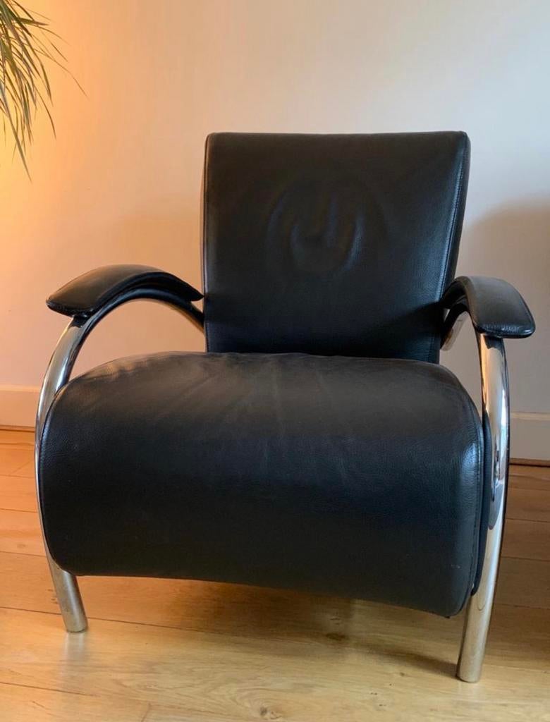 Molinari Accademia fauteuil, zwart leer, Teun van Zanten, Ophalen, Gebruikt, Leer, 75 tot 100 cm