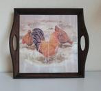 Houten dienblad  met afbeelding van haan en kippen op tegels, Ophalen of Verzenden, Zo goed als nieuw, Rechthoekig, Hout