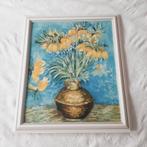 Schilderij olieverf bloemen in vaas witte houten lijst 70 cm, Antiek en Kunst, Kunst | Schilderijen | Klassiek, Ophalen