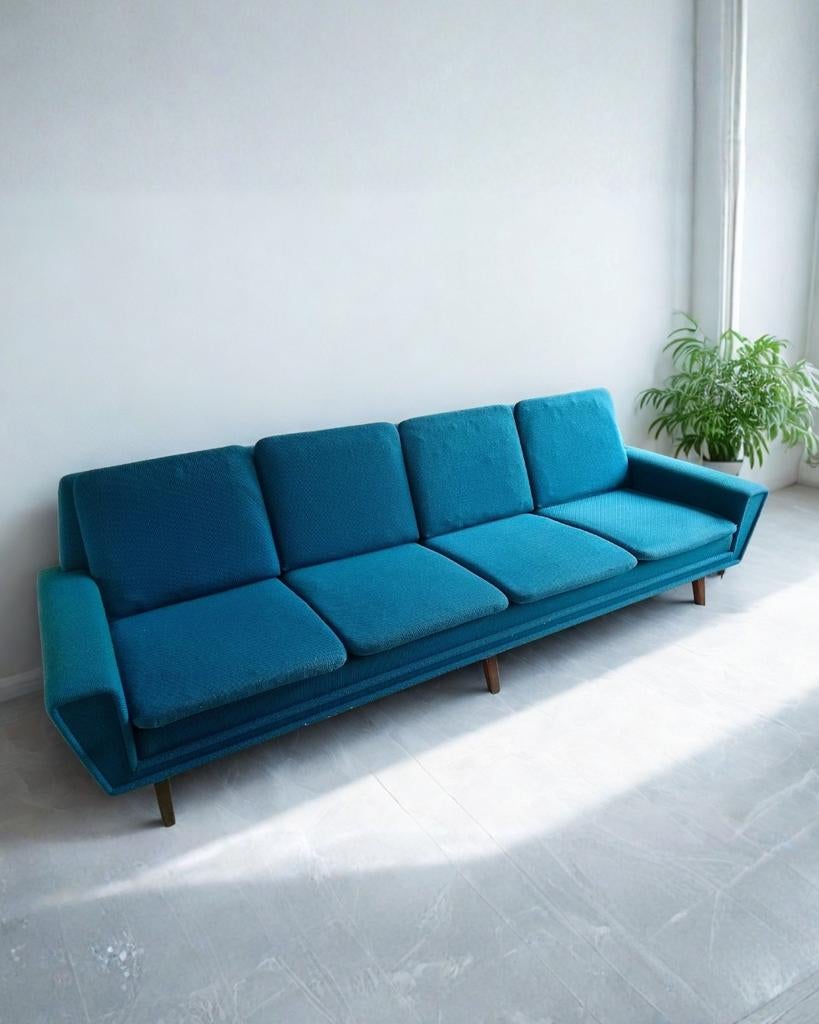 Zeldzame Deense 4-Zits Bank + Fauteuil | Petrol Wol | Jaren, Huis en Inrichting, Banken | Bankstellen, Ophalen, Deens vintage design