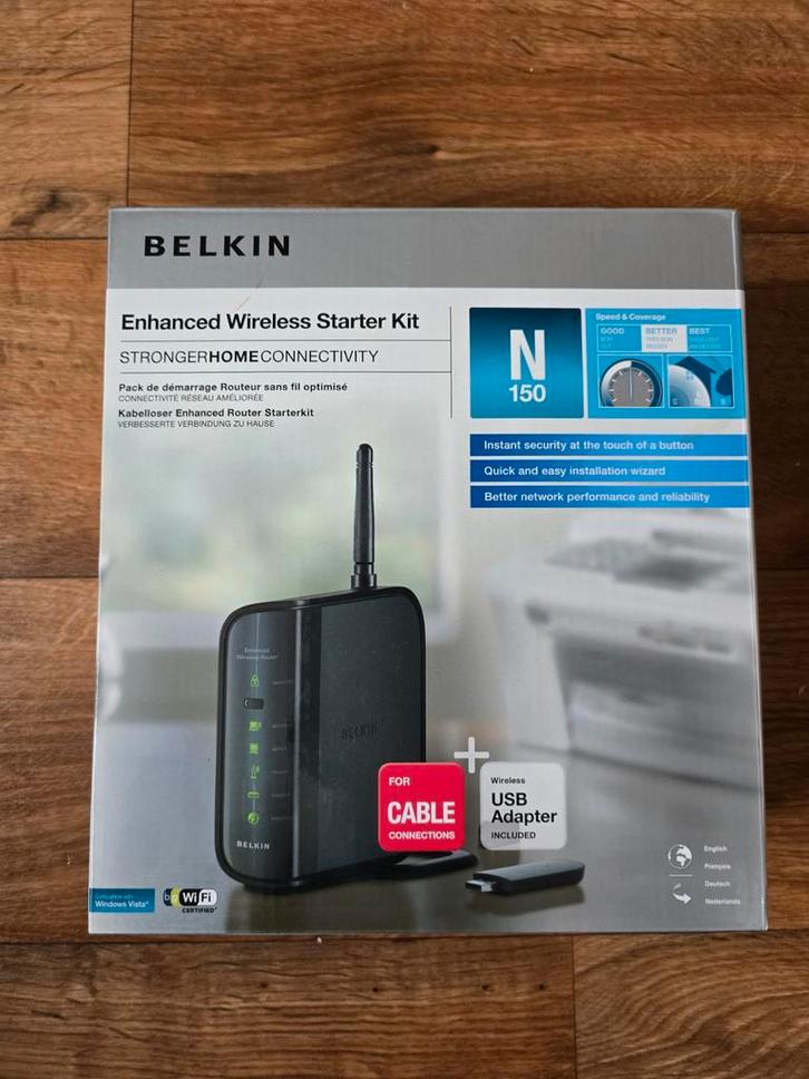 Belkin Enhanced Wireless Starter Kit N150 Router + adapter, Computers en Software, Routers en Modems, Gebruikt, Router, Ophalen of Verzenden