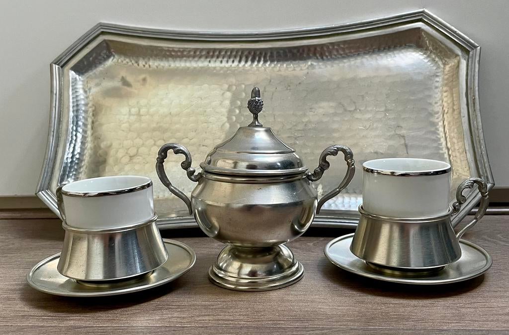 Tinnen Expressosetje handgemaakt met keramische mokjes, Antiek en Kunst, Ophalen
