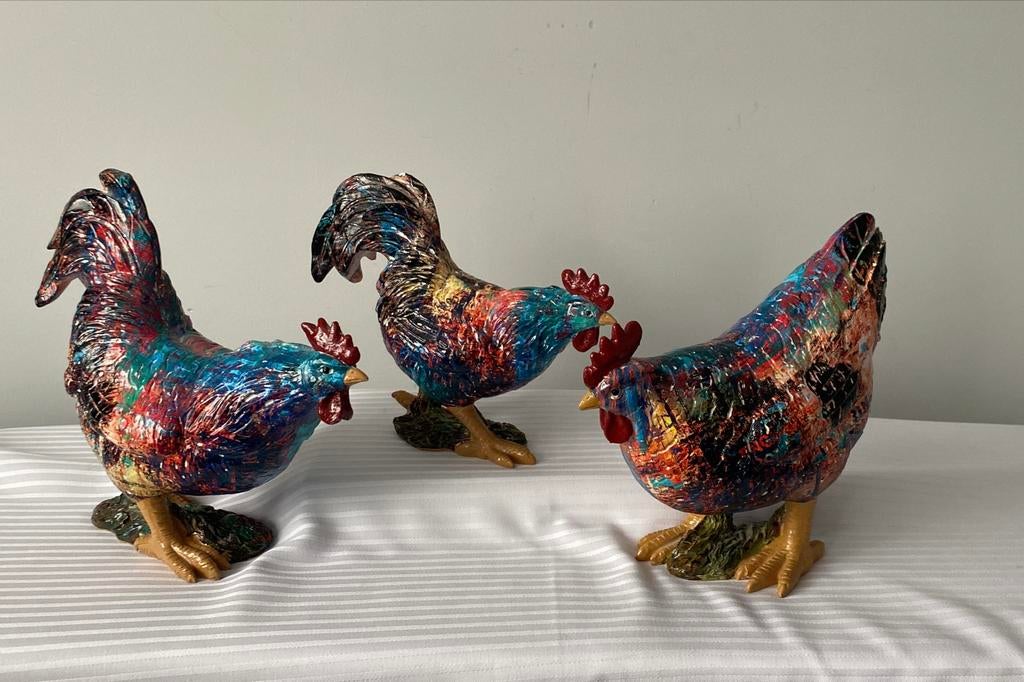 Set van 3 kleurrijke kippen decoratie, Ophalen of Verzenden, Zo goed als nieuw
