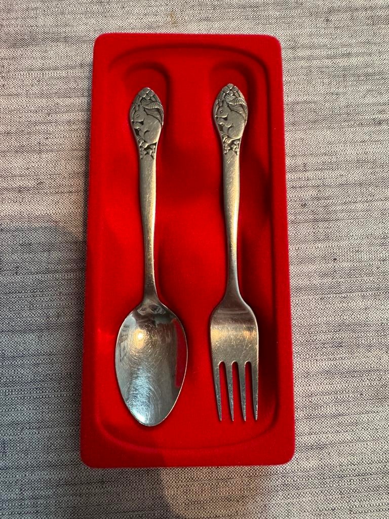 Vintage Gero kinderbestek set (lepel & vork) eekhoorn motief, Ophalen of Verzenden
