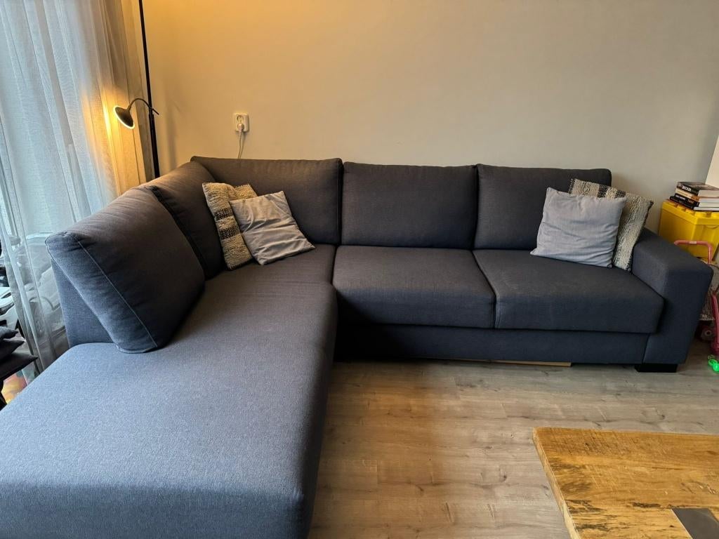 Donkerblauwe hoekbank, Huis en Inrichting, Banken | Bankstellen, Ophalen, 250 tot 300 cm, Gebruikt, Hoekbank