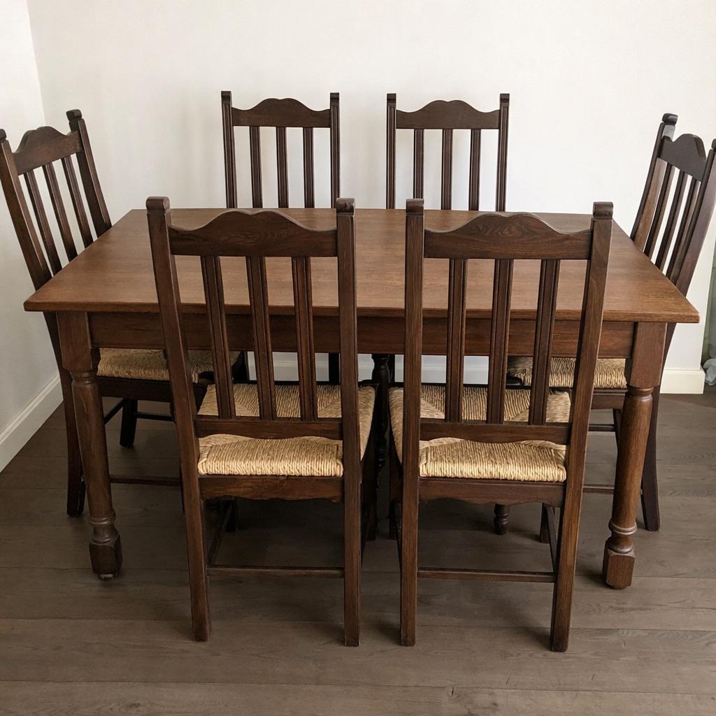 6 massive eiken stoelen (zonder tafel), Huis en Inrichting, Stoelen, Ophalen, Zo goed als nieuw, Bruin