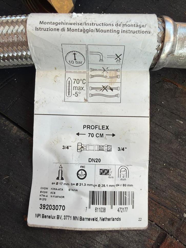Proflex flexibele slang 70cm 3/4'' - 3/4'', Doe-het-zelf en Verbouw, Buizen en Afvoer, Nieuw, Overige typen, Rvs, Minder dan 2 meter