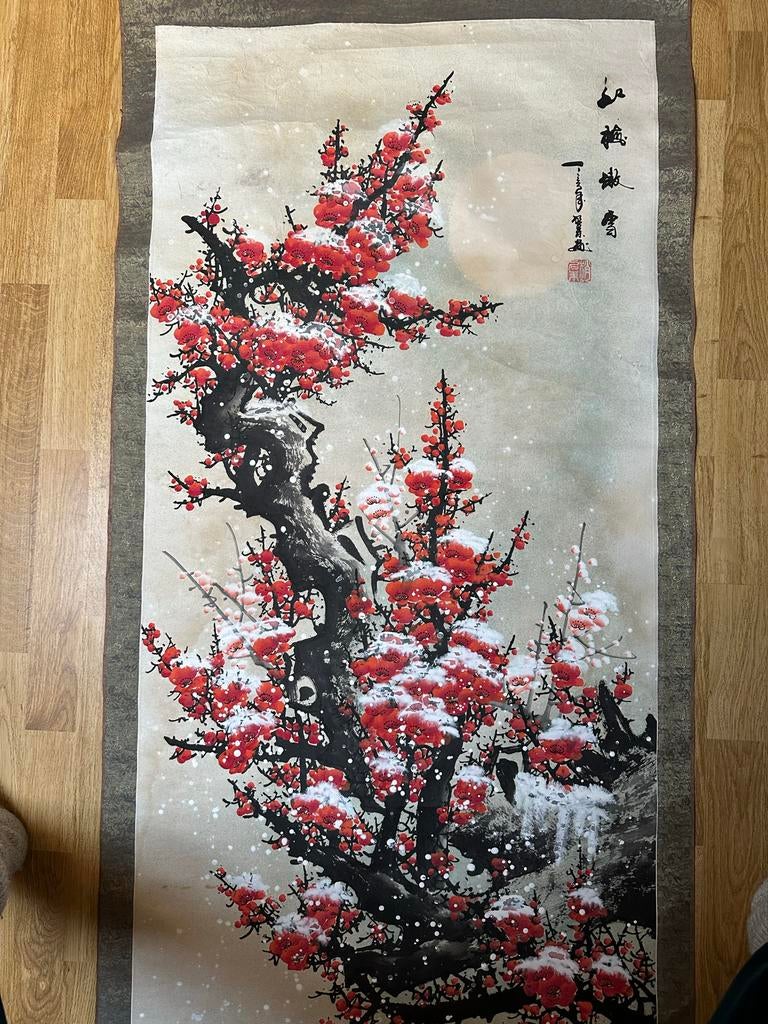 Antieke Chinese handgeschilderde scroll met bloesem, Ophalen of Verzenden