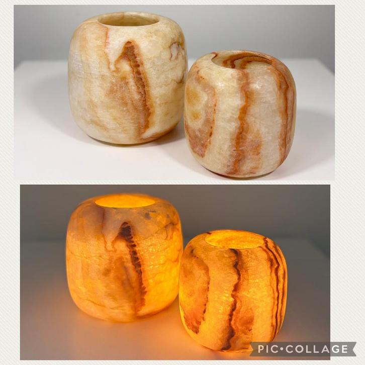 Set van 2 Alabaster Waxinelichthouders - Sfeervol Licht, Huis en Inrichting, Woonaccessoires | Kandelaars en Kaarsen, Nieuw, Kandelaar