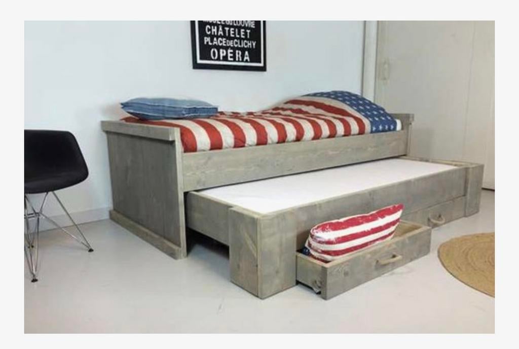 Steigerhouten bed met onderschuifbed en opberglades, Ophalen, Gebruikt, 90 cm, Eenpersoons