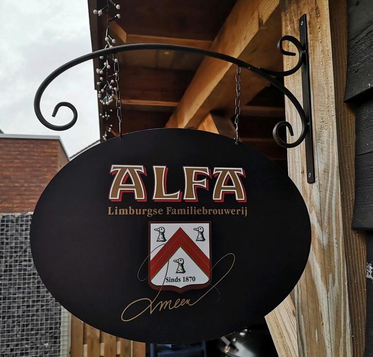 Dubbelzijdig ALFA UITHANGBORD (incl. beugel), Verzamelen, Biermerken, Nieuw, Reclamebord, Plaat of Schild, Overige merken, Ophalen of Verzenden