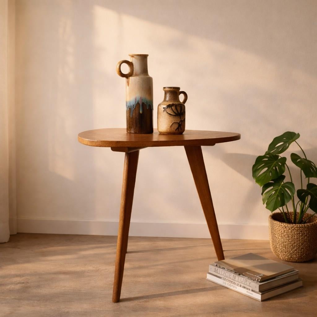 Vintage Mid-Century Driehoek Bijzettafel - 60x54cm, Gebruikt, 55 tot 75 cm, Overige vormen, Mid-century, Vintage, Retro