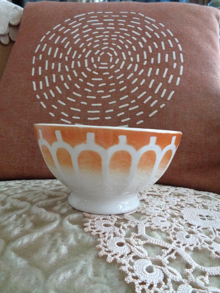 Brocante Franse Spoelkom Geel / Wit Facet ** Mimosa **, Ophalen of Verzenden
