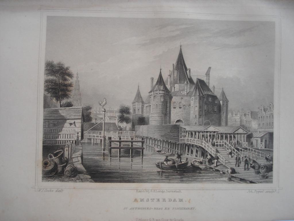 011 Amsterdam St.Anthoniewaag Staalgravure 1860, Antiek en Kunst, Kunst | Etsen en Gravures, Ophalen of Verzenden
