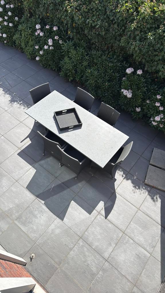 Robuuste graniet tafel met 6 stoelen, Tuin en Terras, Ophalen, Gebruikt