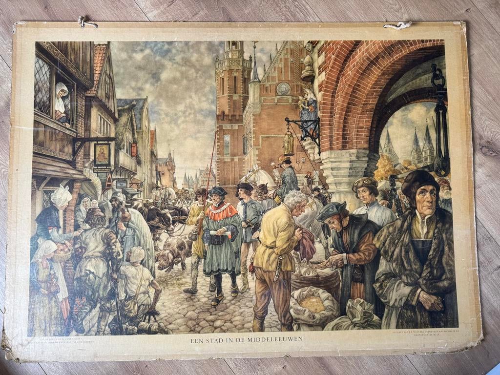 Wandplaat 'Een stad in de middeleeuwen' - J.W. de Jongh, Antiek en Kunst, Antiek | Schoolplaten, Ophalen, Geschiedenis