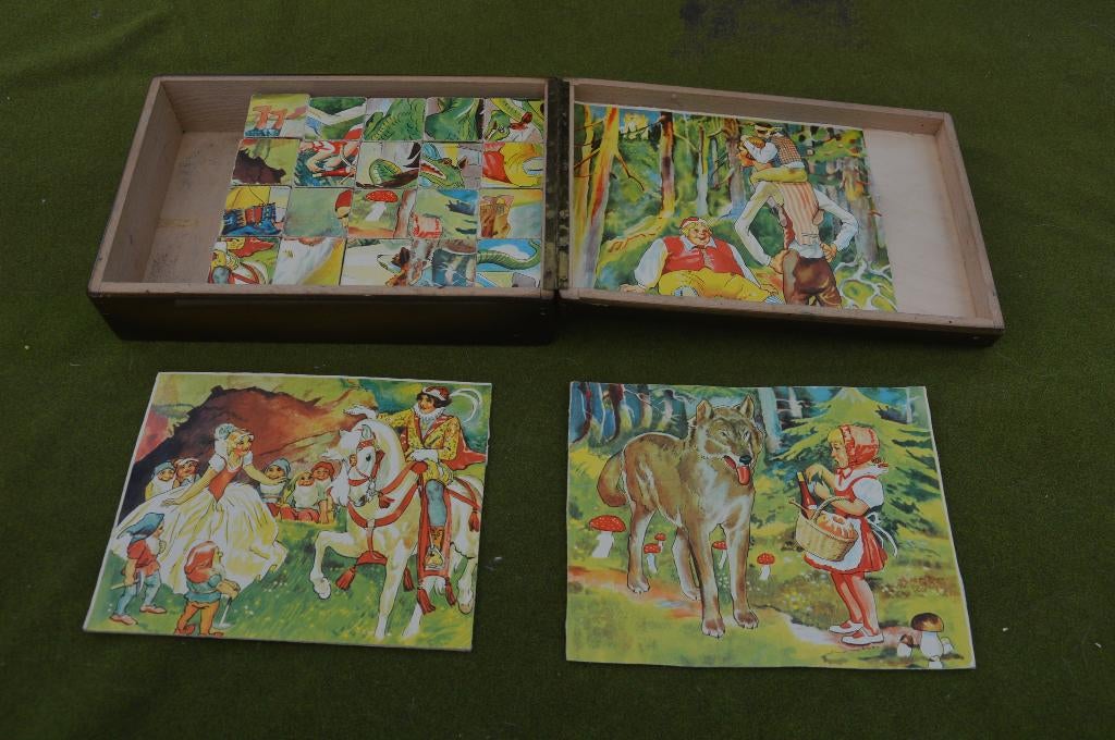 antieke houten blokkendoos met diverse sprookjes in kistje, Antiek en Kunst, Antiek | Speelgoed, Ophalen of Verzenden