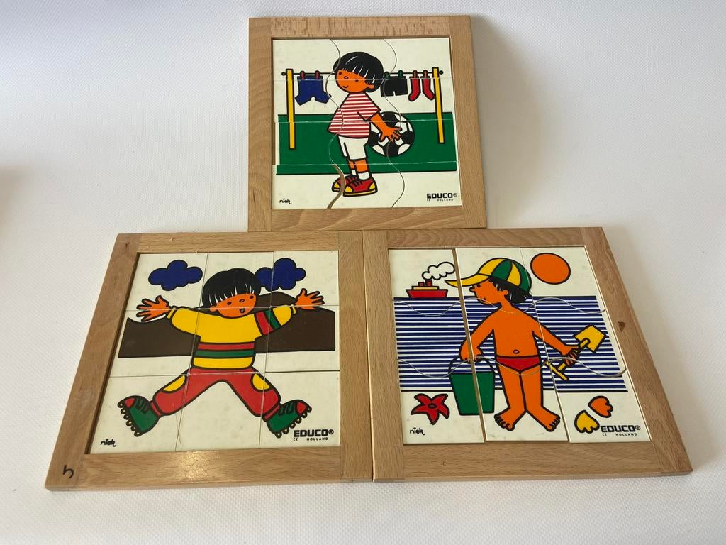 Drie kinderpuzzels in frame van Educo jongen, Ophalen of Verzenden, 10 tot 50 stukjes, Gebruikt, 4 tot 6 jaar
