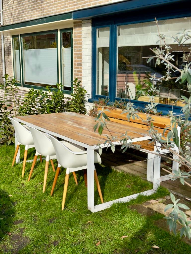 Complete tuinset – tafel, bank en 3 stoelen, Tuin en Terras, Tuinsets en Loungesets, Ophalen, 5 zitplaatsen, Gebruikt, Hout
