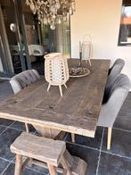 Eikenhouten eettafel/kloostertafel van oude wagondelen, Huis en Inrichting, Ophalen, Eikenhout, 200 cm of meer, 50 tot 100 cm