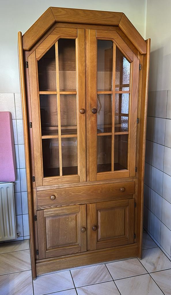 Eiken vitrinekast met verlichting – servieskast, Huis en Inrichting, Kasten | Vitrinekasten, Zo goed als nieuw, 150 tot 200 cm