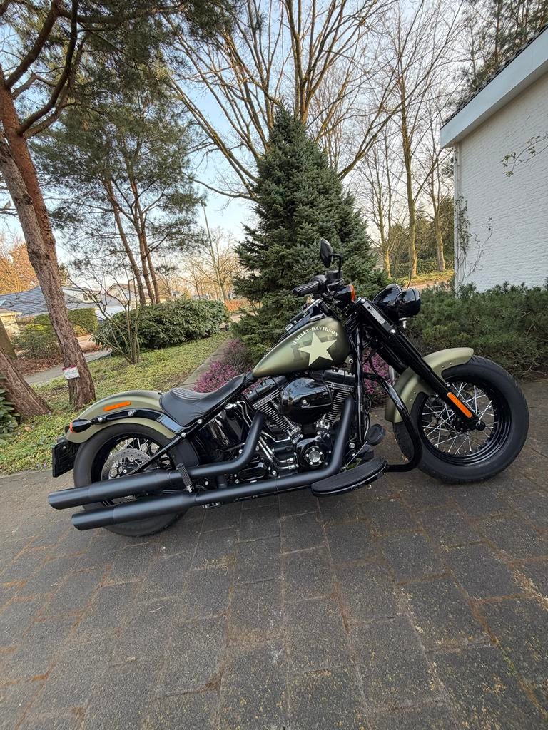 Bijzondere olive green denim Harley Davidson Softail slim s, Motoren, Motoren | Harley-Davidson, 2 cilinders, Handvatverwarming