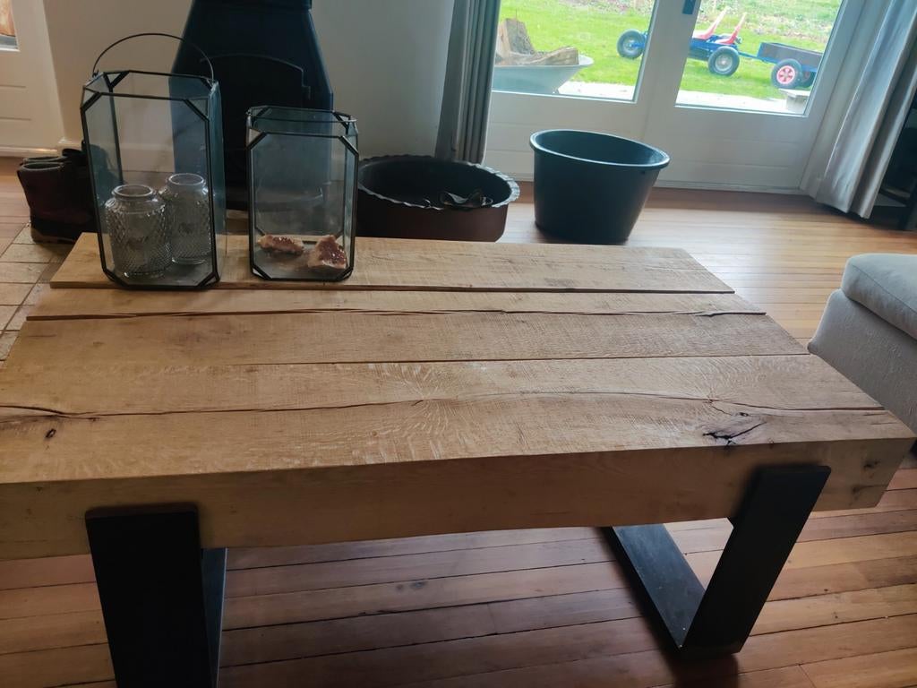 Industriële eiken houten tafel te koop, Huis en Inrichting, Ophalen, 100 tot 150 cm, 50 tot 100 cm, Minder dan 50 cm