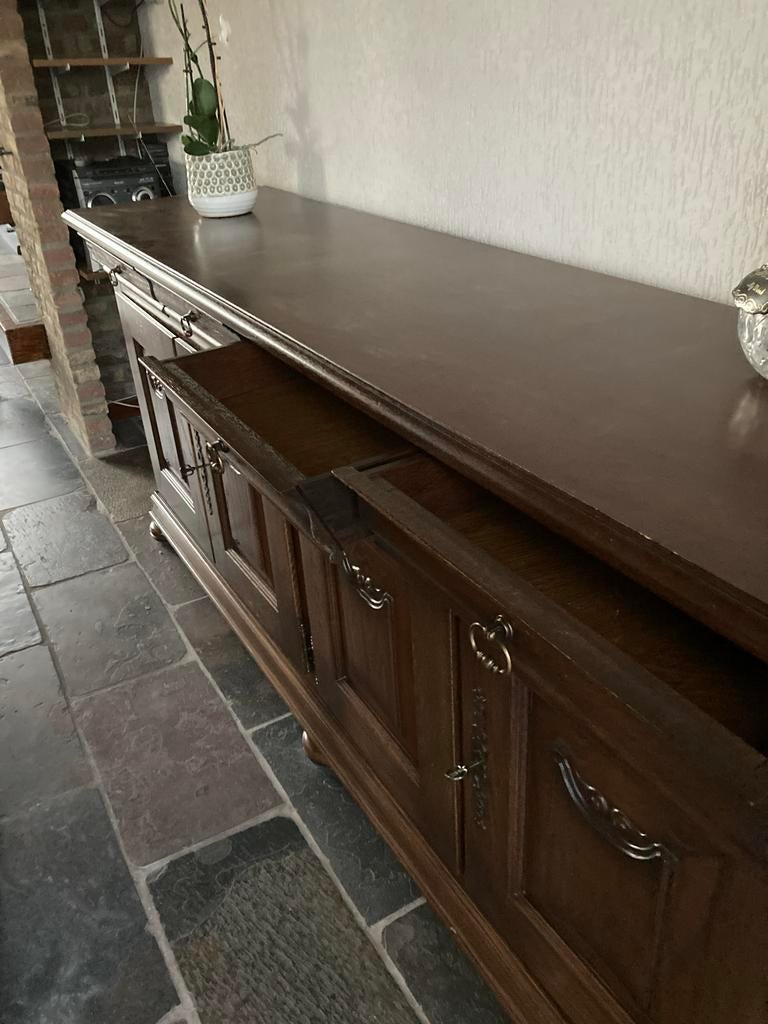 Donkerbruin dressoir met lades en deuren, Gebruikt, Ophalen of Verzenden, 200 cm of meer, Met lade(s)