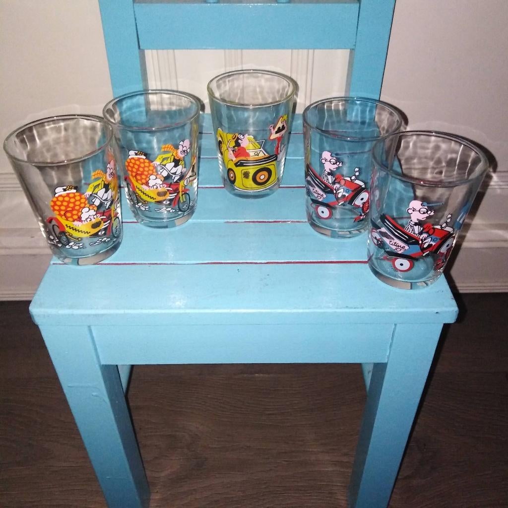5 Vintage limonadeglaasjes met grappige verkeerstaferelen, Ophalen, Glas of Glazen, Gebruikt, Glas