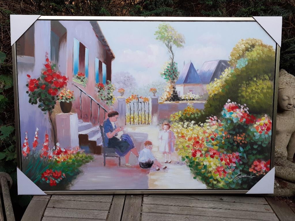 Olieverf op Canvas Schilderij in Baklijst "Het Franse Dorp", Ophalen of Verzenden