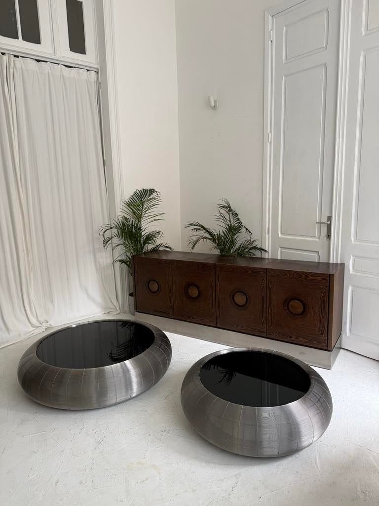 Roche Bobois salontafel in inox, Huis en Inrichting, Tafels | Salontafels, Gebruikt, Rond, Metaal, Minder dan 50 cm