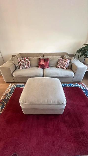 Bank, sofa, poef, zit, inc. kussens taupe bruin stof canvas beschikbaar voor biedingen