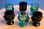 6x eierdop Luminarc kipjes, 3x zwart-3x turquoise glas, gaaf, Ophalen of Verzenden, Glas, Overige stijlen, Glas of Glazen