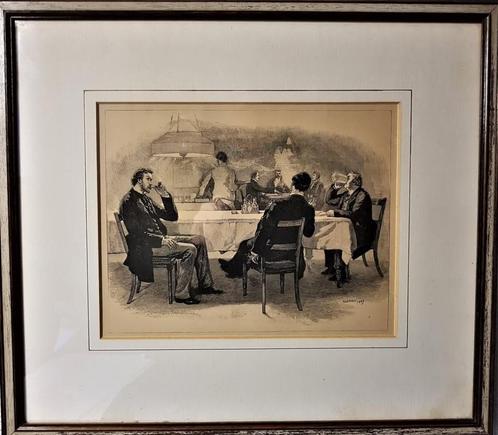 HOUTGRAVURE ANNO 1889 IN DE HERBERG., Antiek en Kunst, Kunst | Etsen en Gravures, Ophalen of Verzenden