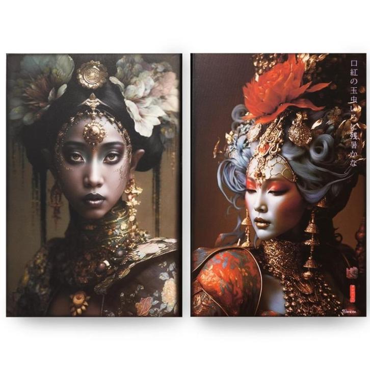 Tweeluik van "Japanse godinnen", Antiek en Kunst, Kunst | Schilderijen | Modern, Ophalen of Verzenden