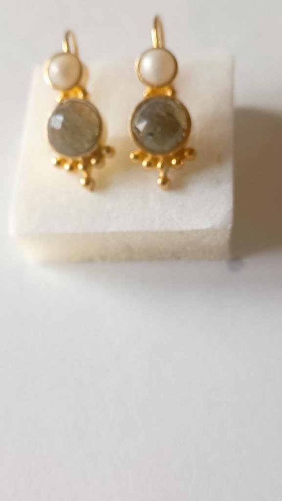 Fraaie zilver vergulde oorbellen Labradoriet en Parel, Sieraden, Tassen en Uiterlijk, Oorbellen, Nieuw, Hangers, Zilver, Goud