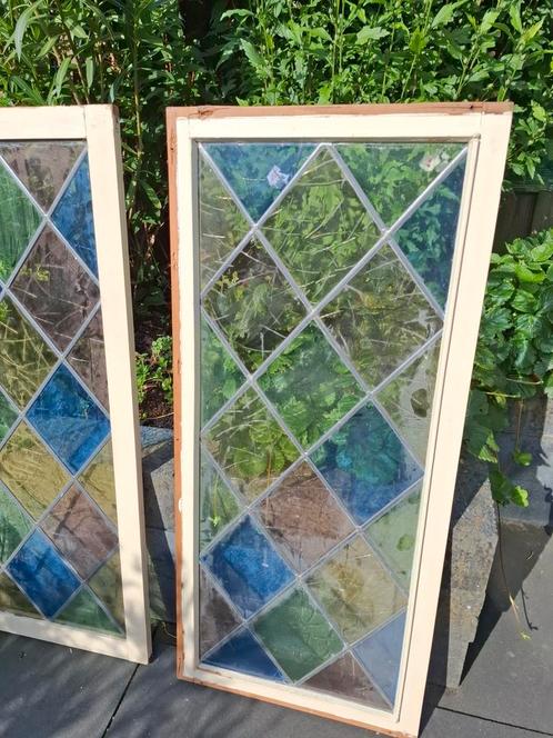 2 glas in lood paneeltjes in kozijn., Doe-het-zelf en Verbouw, Glas en Ramen, Gebruikt, Overige typen, 80 tot 120 cm, Minder dan 80 cm