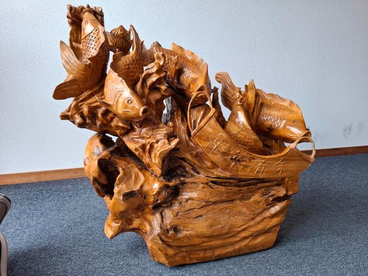 Houten Sculptuur: Karpers & Boot, Antiek en Kunst, Kunst | Beelden en Houtsnijwerken, Ophalen