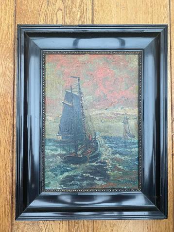 Schilderij van C.H. Thomas geschilderd op hout Zeilboot