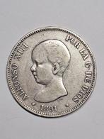 Spanje 5 pesetas 1891 PG-M, Verzenden, Overige landen, Losse munt, Zilver