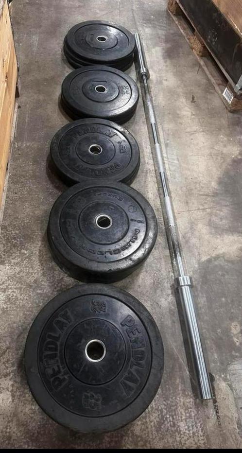 150kg Bumperplates + Olympisch Barbell 220cm, Sport en Fitness, Fitnessmaterialen, Gebruikt, Halterschijven, Ophalen