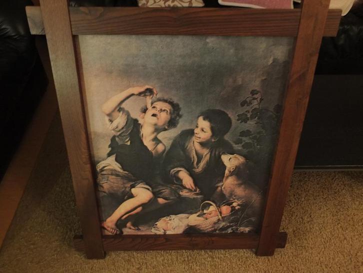 Oude repro: Twee jongens en een hond in een mooie eikenlijst, Antiek en Kunst, Kunst | Overige Kunst, Ophalen of Verzenden