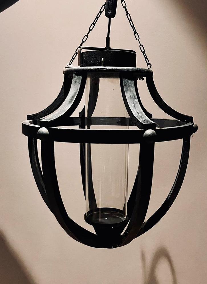 Windlicht/lamp 2 stuks, Huis en Inrichting, Lampen | Hanglampen, Zo goed als nieuw, Minder dan 50 cm, Glas, Hout, Metaal, Ophalen