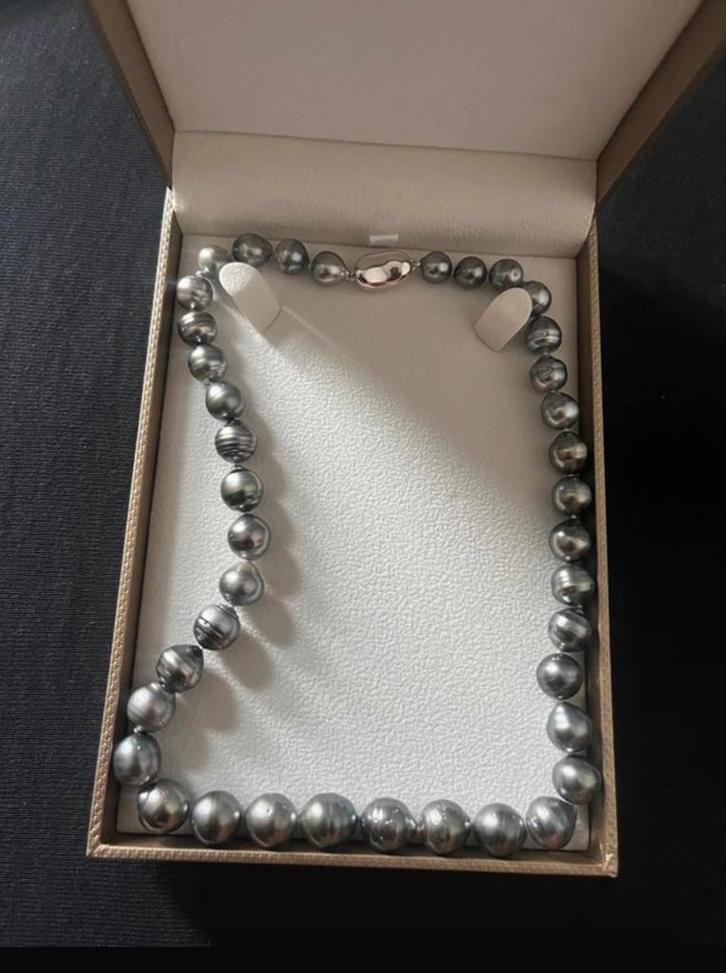 Tahiti Parelketting - Grijs, 8.2-11mm, Sieraden, Tassen en Uiterlijk, Kettingen, Nieuw, Zilver, Grijs, Met edelsteen, Ophalen of Verzenden