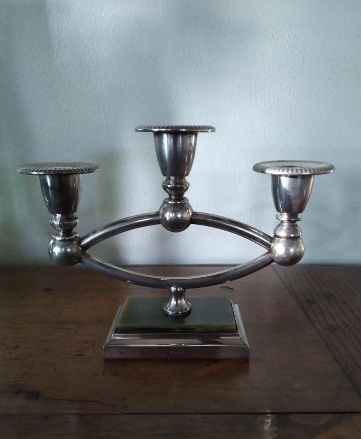 Verzilverde 3 arm kandelaar, marmer ingelegde voet, vintage, Huis en Inrichting, Woonaccessoires | Kandelaars en Kaarsen, Kandelaar
